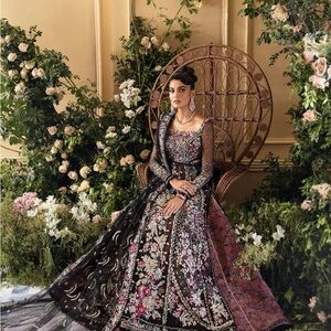 Black and Pink Square Neck Gown with Bishop Sleeves